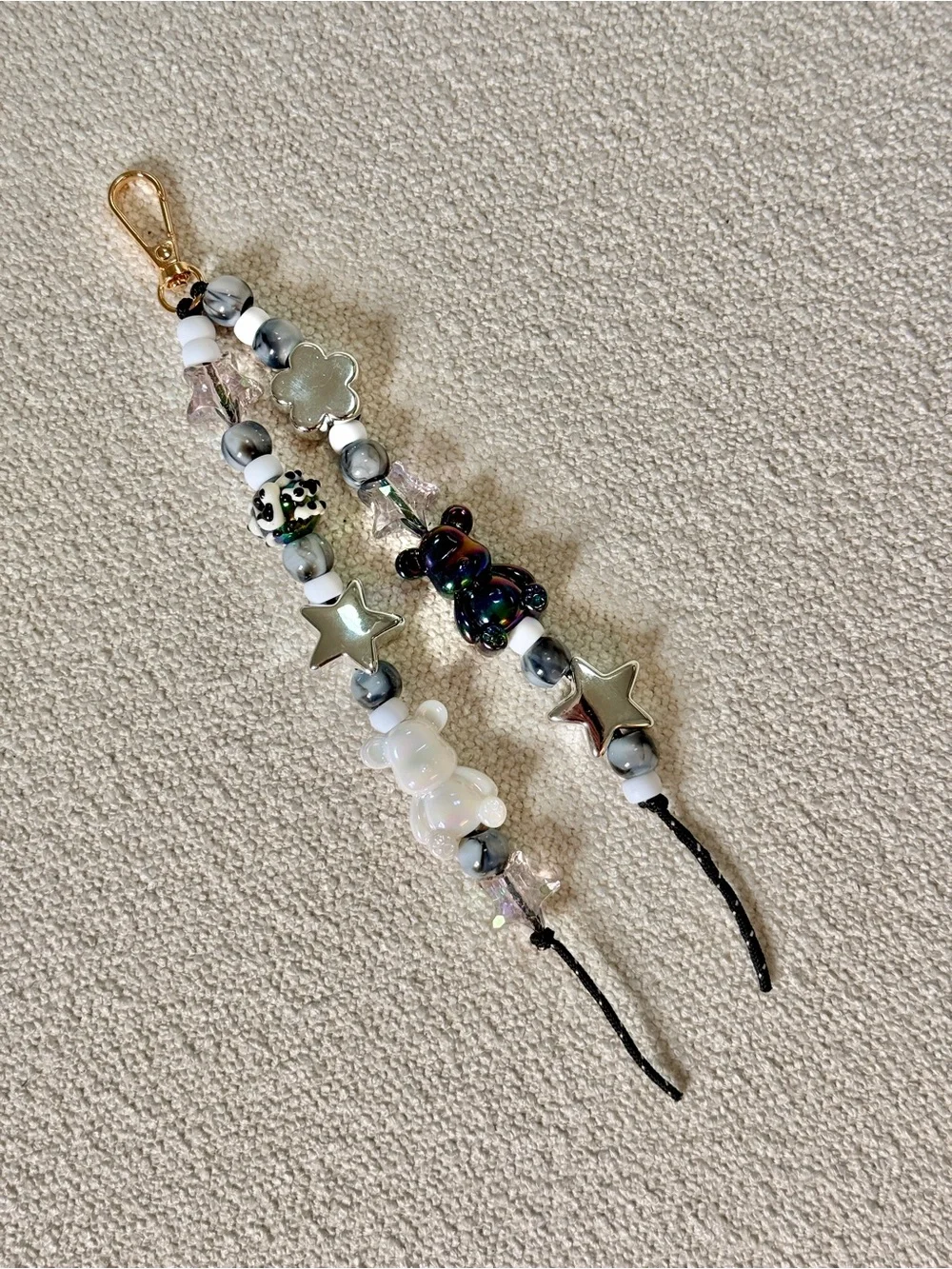 Hand Crafted Beaded Bag Charm in White, Black, Silver and Iridescent